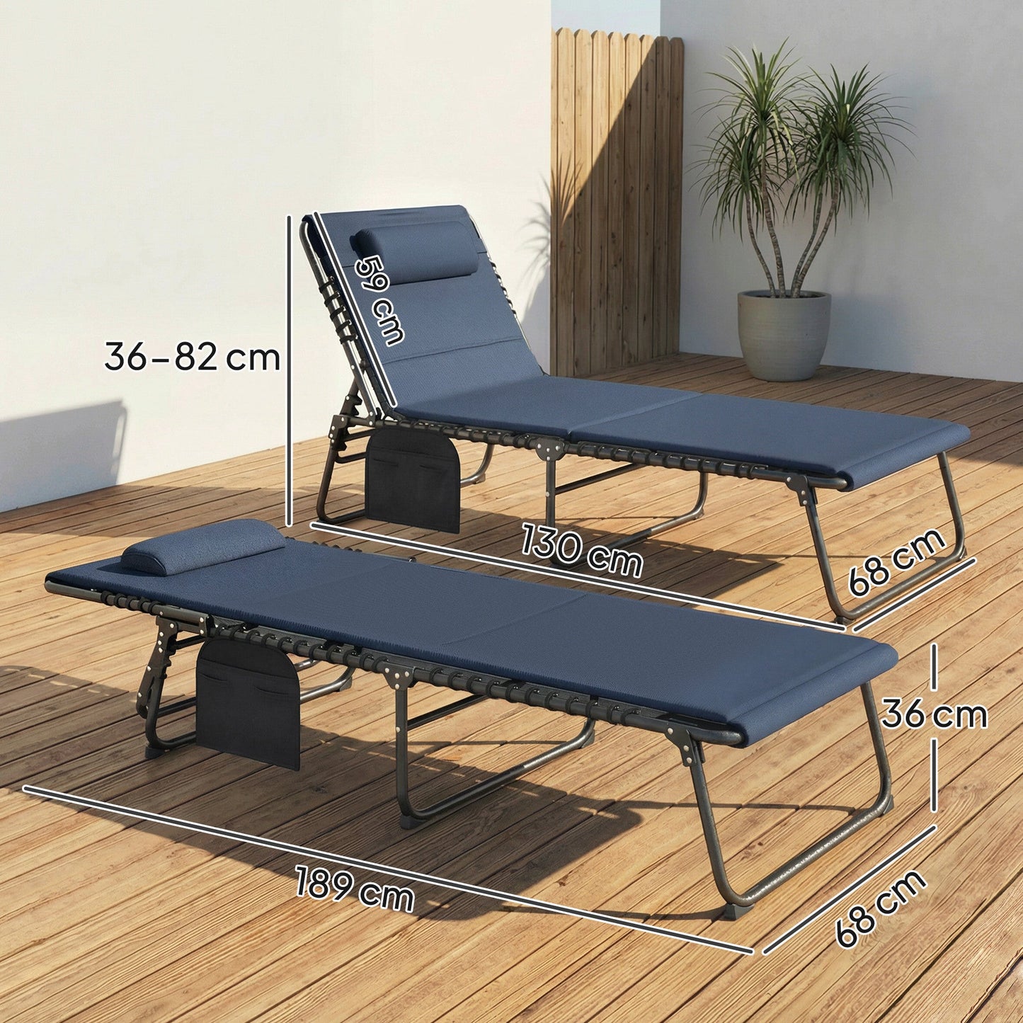 Outsunny Set of Two Reclining Sun Loungers - Dark Blue