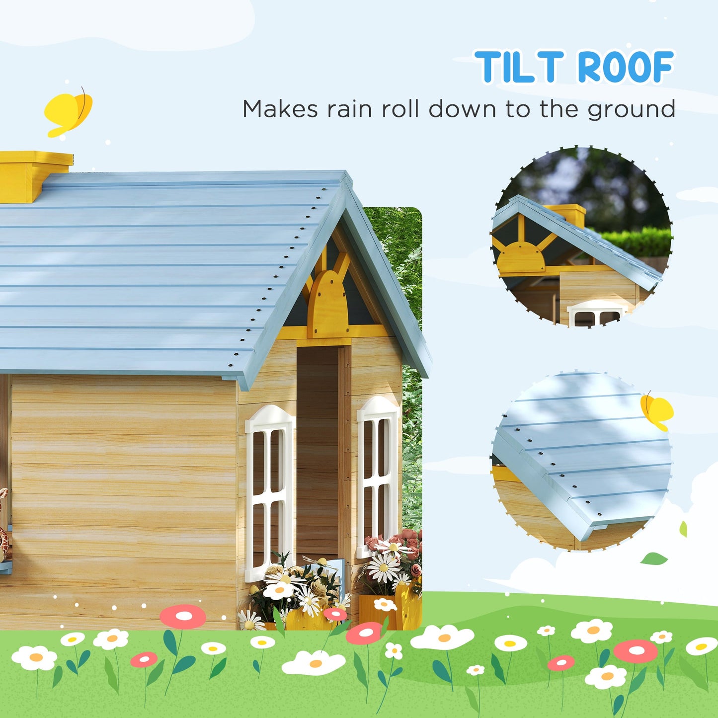Outsunny Wooden Playhouse, Wendy House w/ Door, Bench, Flowerpot Holder, For Ages 3-7 Years, Blue