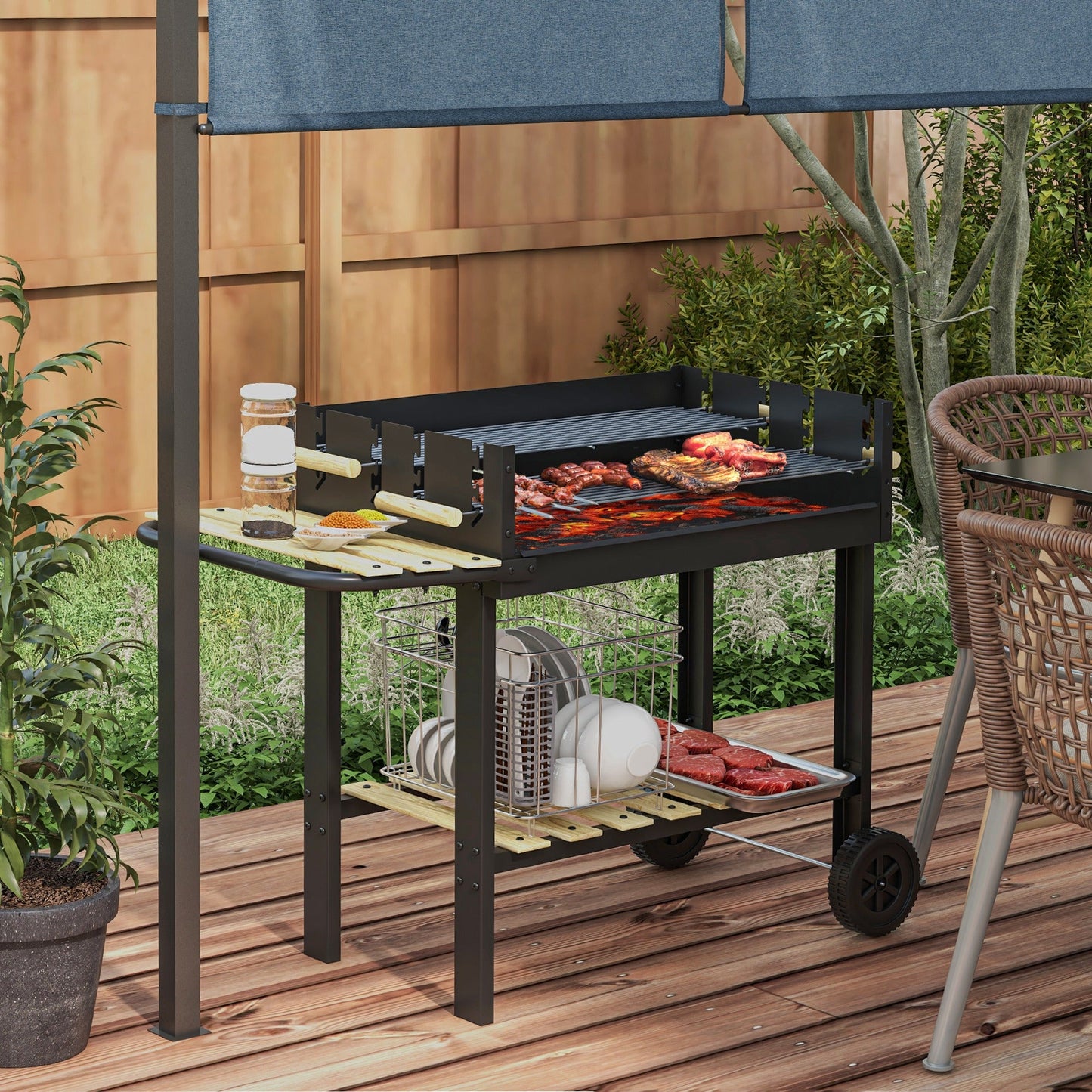 Outsunny Charcoal BBQ Grill, Barbecue Trolley with Double Adjustable Grill, Side Table, Storage Shelf and Wheels for Outdoor Garden Party Cooking, Black