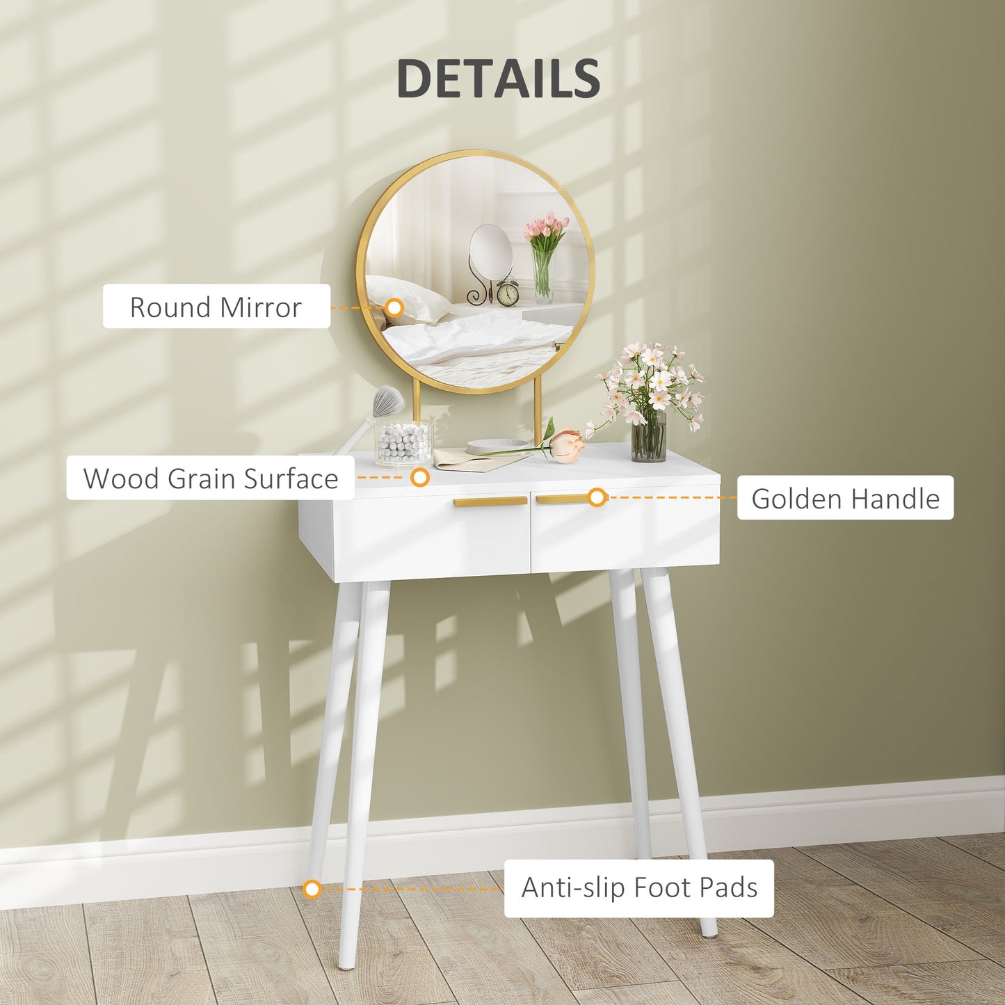 HOMCOM Dressing Table with Round Mirror - White