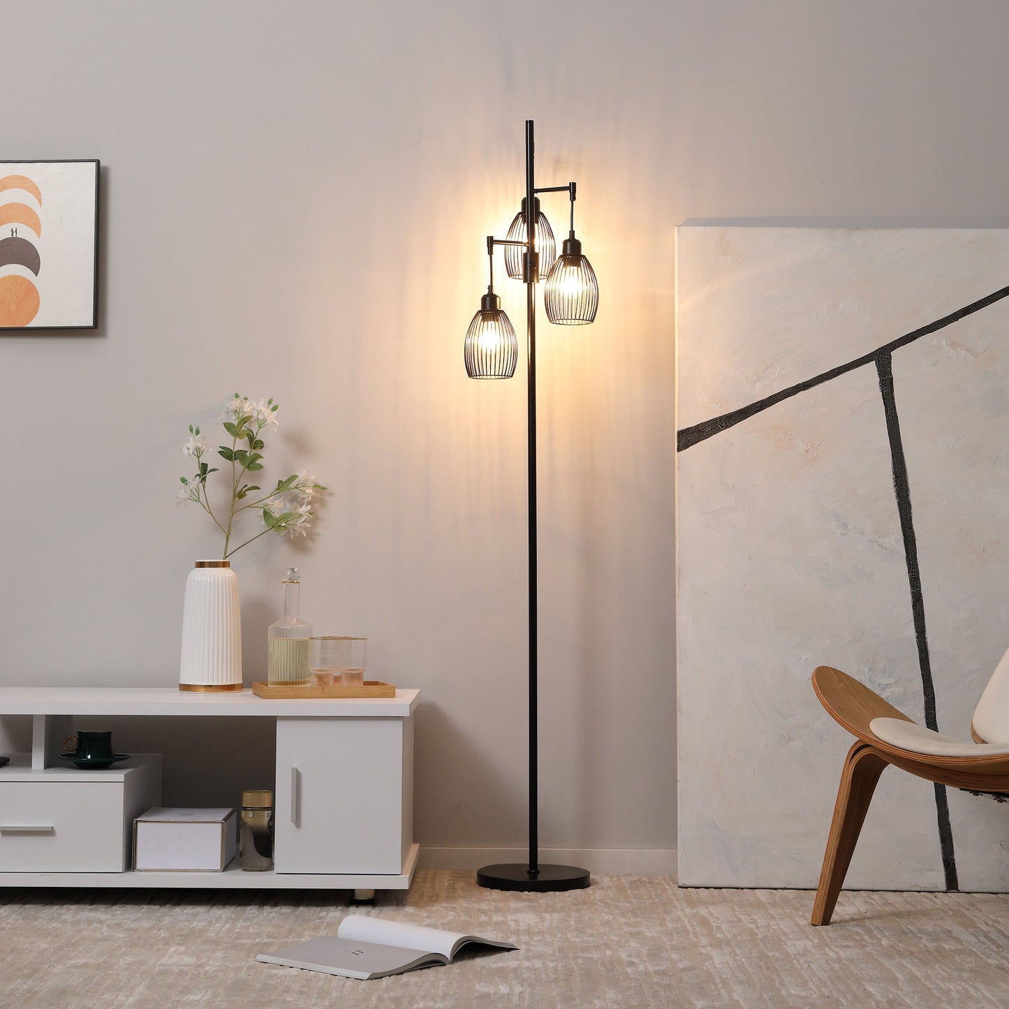 HOMCOM 170cm Industrial 3-Light Floor Lamp, Dimmable Standing Lamp with Steel Lampshades for Living Room, Bedroom, Dinging Room, Study, Black