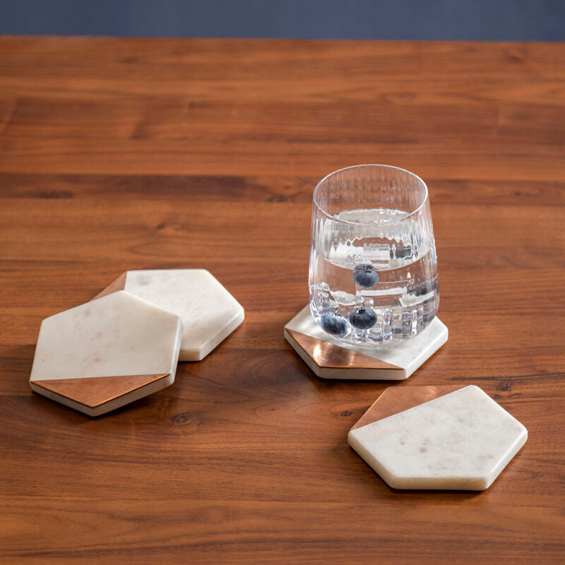 Monzaro Set Of 4 White Marble And Copper Inlay Coasters