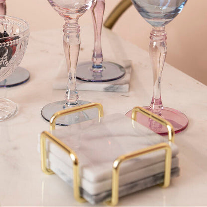 Delphine Set Of 4 White Marble Coasters With Brass Finish Holder