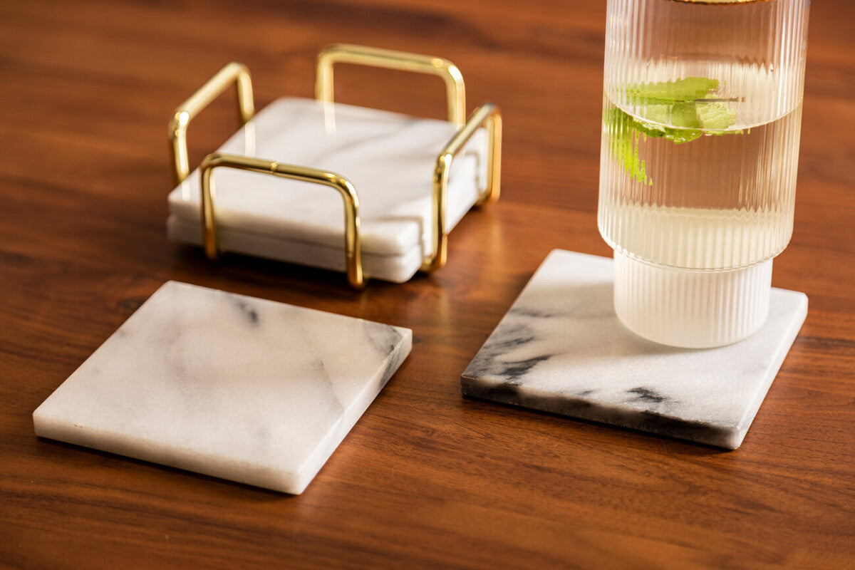 Delphine Set Of 4 White Marble Coasters With Brass Finish Holder