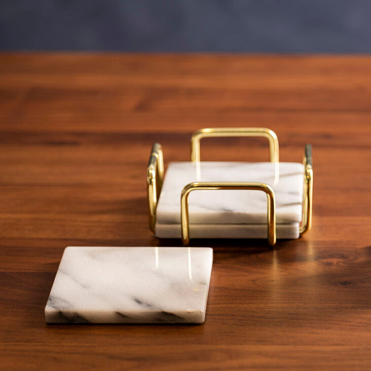 Delphine Set Of 4 White Marble Coasters With Brass Finish Holder