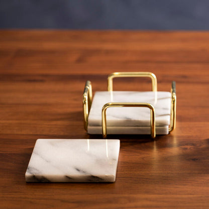 Delphine Set Of 4 White Marble Coasters With Brass Finish Holder