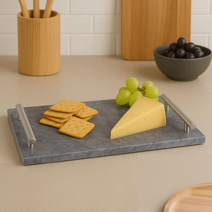 Marmore Black Marble Serving Board With Silver Handles