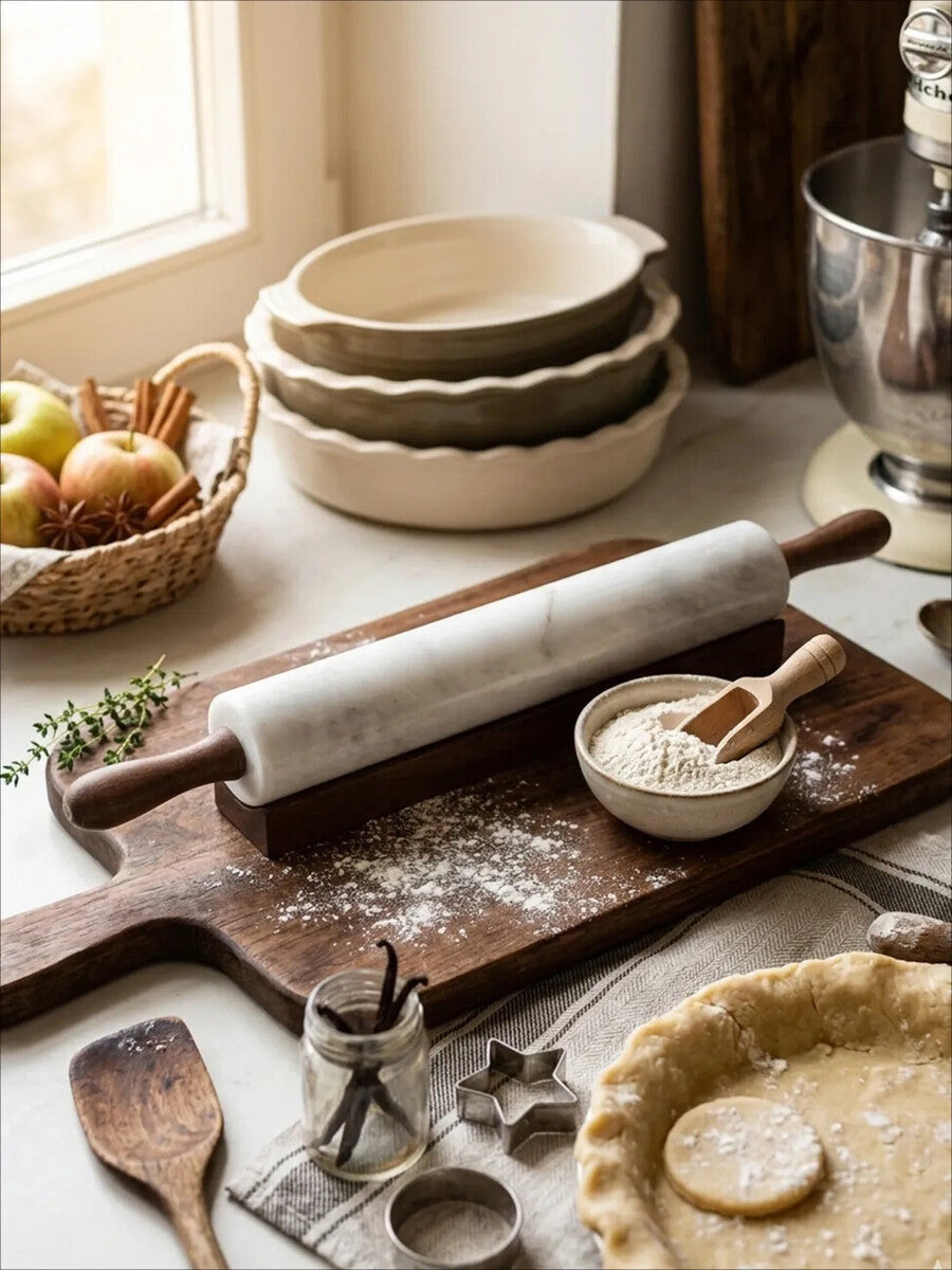 Kindia White Marble Rolling Pin With Wooden Stand