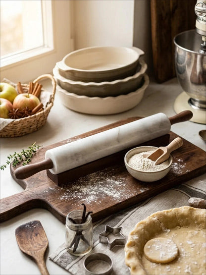 Kindia White Marble Rolling Pin With Wooden Stand