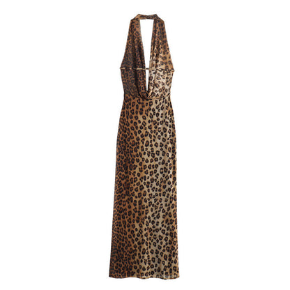 Backless Halter Leopard Print Dress Women
