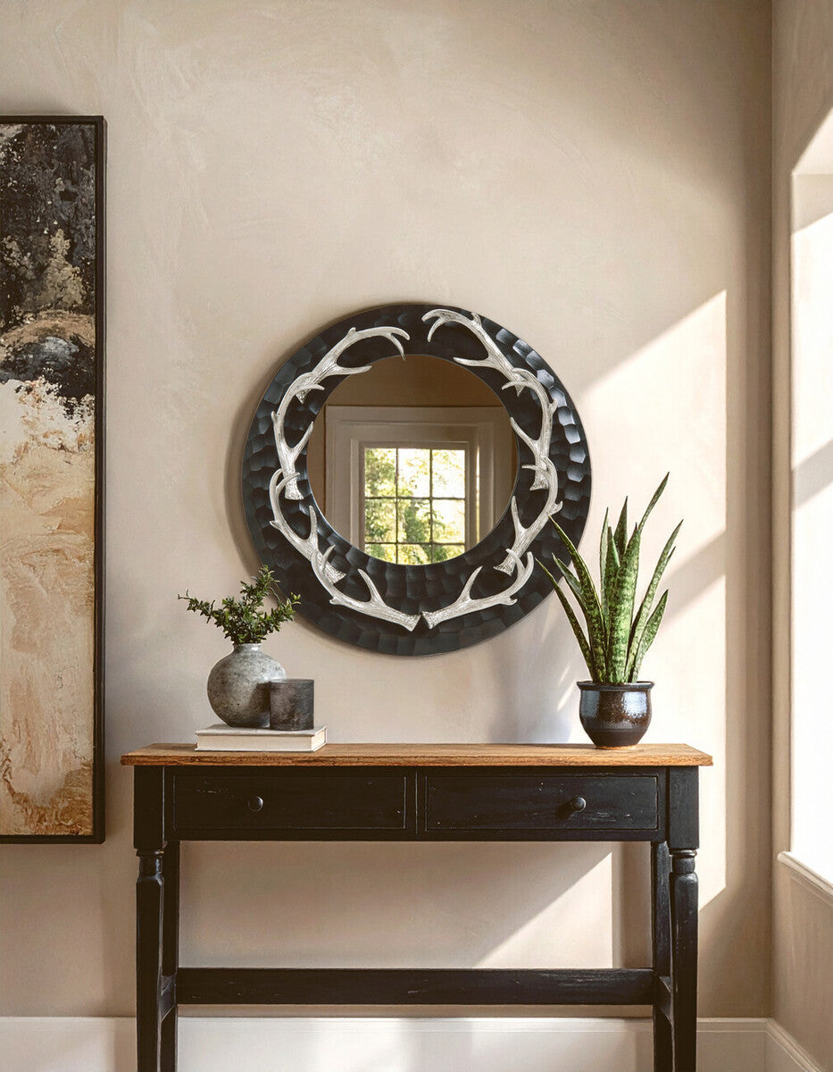 Antler Brown and Nickel Metal Wall Mirror with Eight Antler Frame