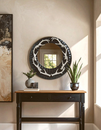 Antler Brown and Nickel Metal Wall Mirror with Eight Antler Frame