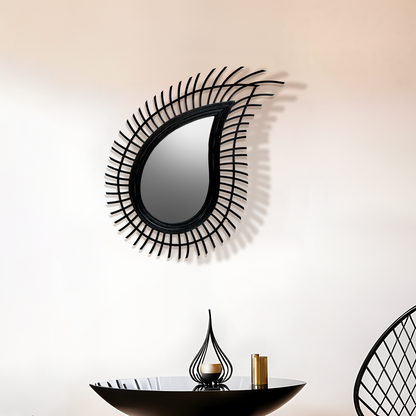 Teardrop Black Natural Rattan Wall Mirror | Mataram