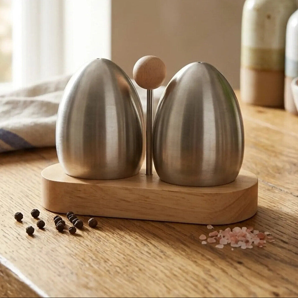Natural Origins Stainless Steel And Rubber wood Salt Pepper Shakers