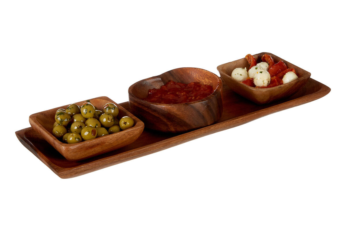Kora Acacia Wood 3 Piece Serving Dish Set With Tray