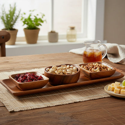 Kora Acacia Wood 3 Piece Serving Dish Set With Tray