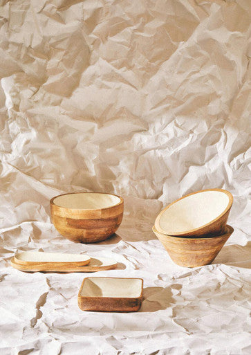 Kara Large Mango Wood Serving Bowl with White Enamel