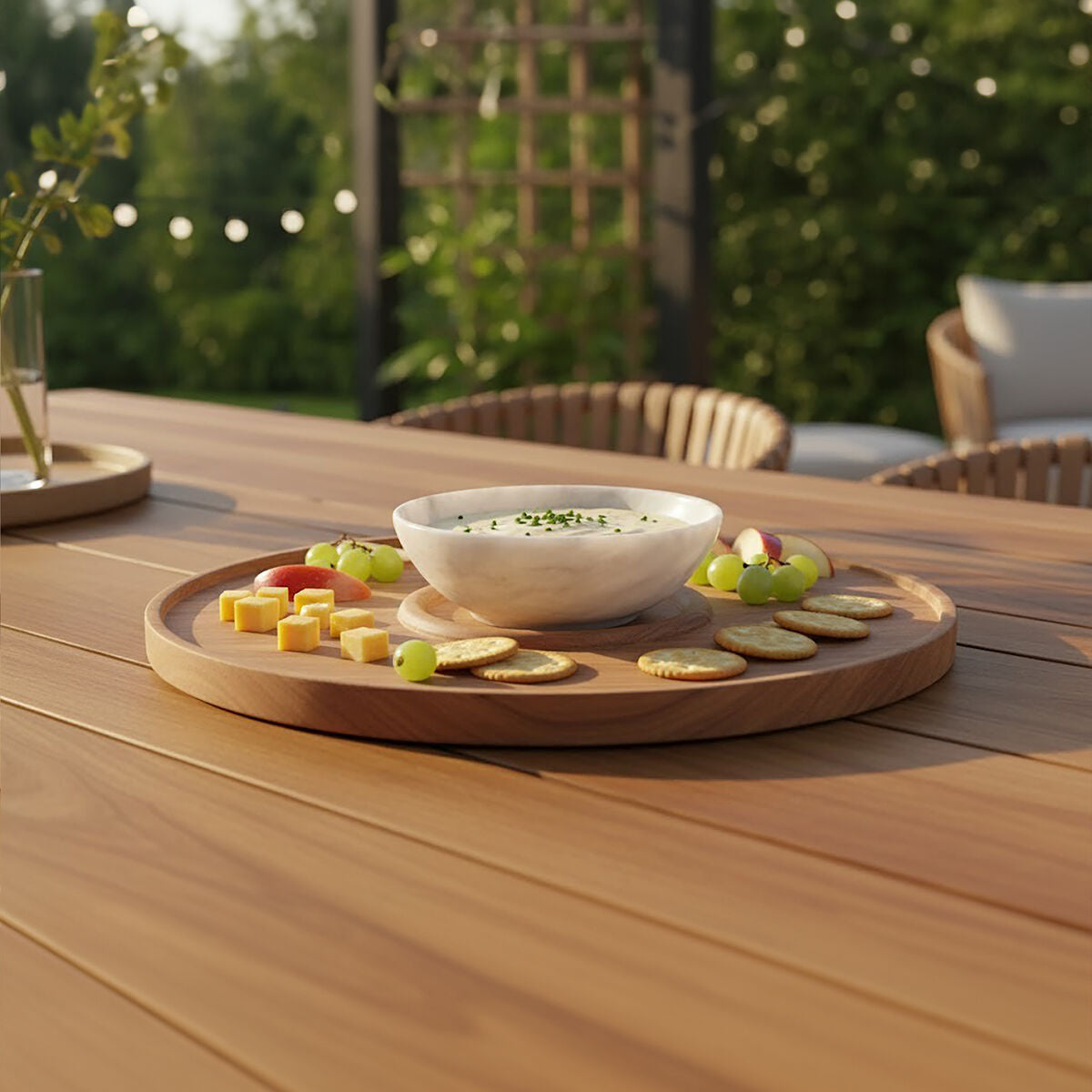Kora Acacia Wood And White Marble Chip And Dip Platter