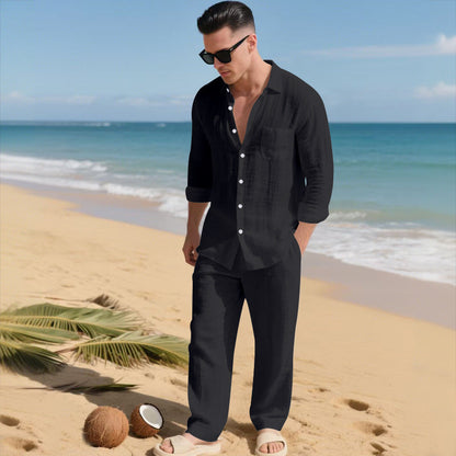 Beach Leisure Loose Collar Shirt Long Sleeve Pants Set