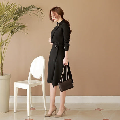 Long-sleeved waist slimming mid-length A-line skirt