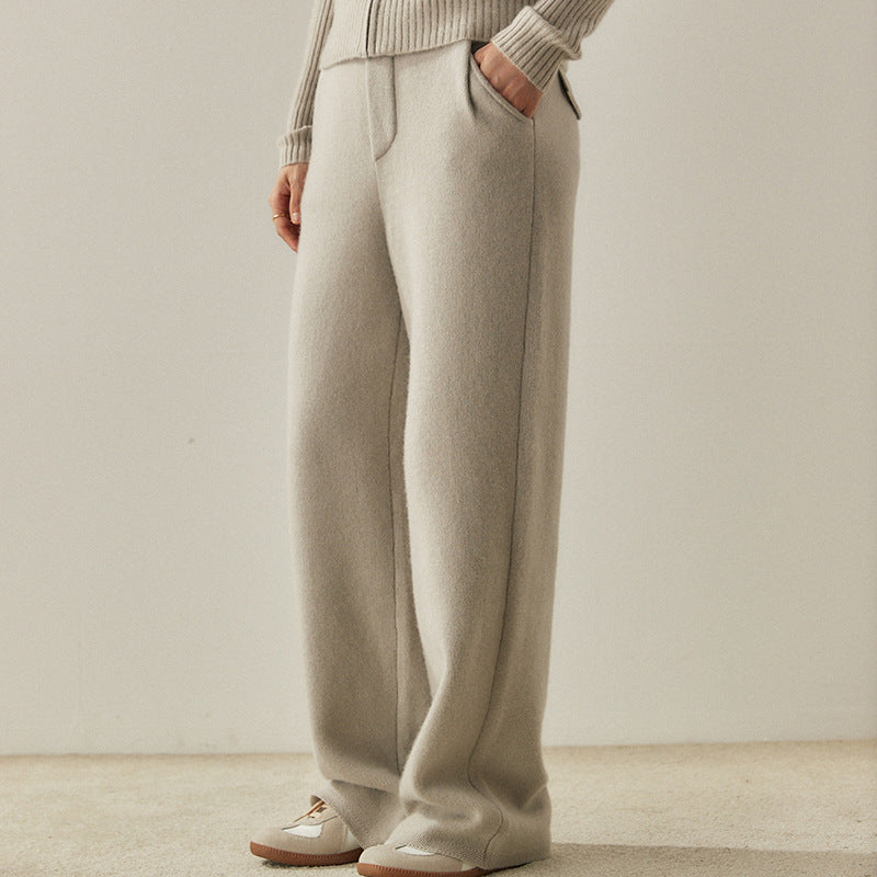 Thick, Draping Straight-leg Figure-flattering High-waisted Knitted Cashmere Wide-leg Pants For Women