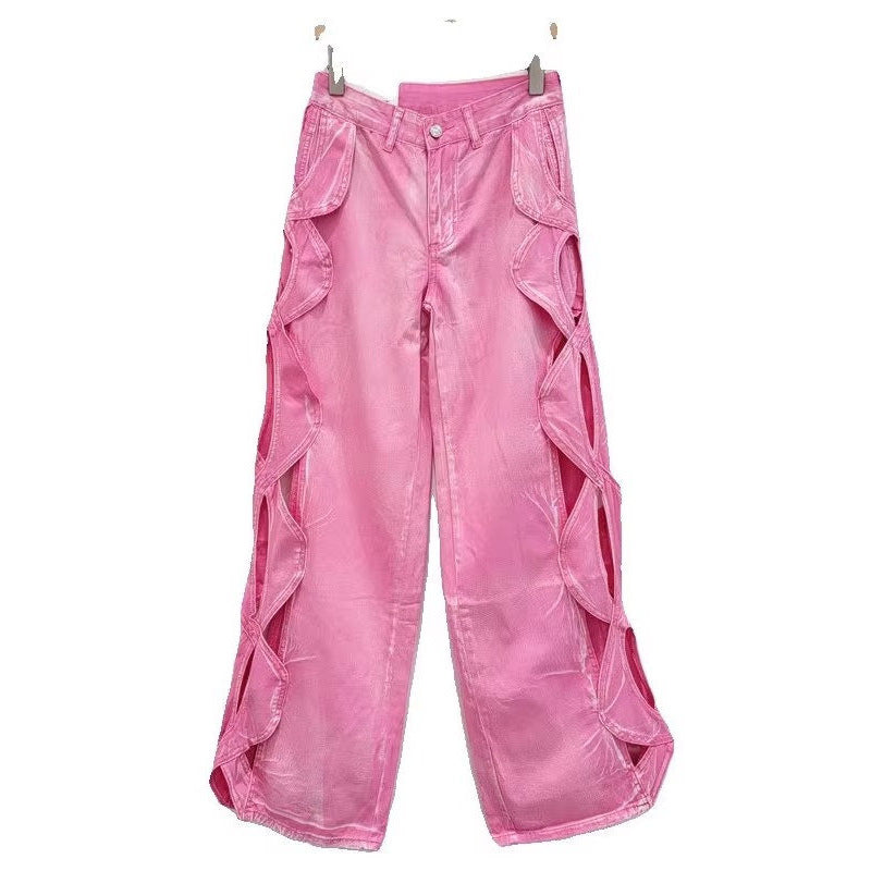 SpringSummer Side-Stranded Braid Ripped Casual Straight-Leg Wide-Leg Denim Jeans