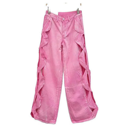 SpringSummer Side-Stranded Braid Ripped Casual Straight-Leg Wide-Leg Denim Jeans