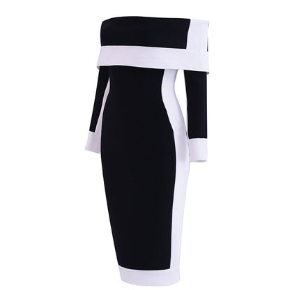Color Contrast Patchwork Simple Off-shoulder Midi Dress White Dress