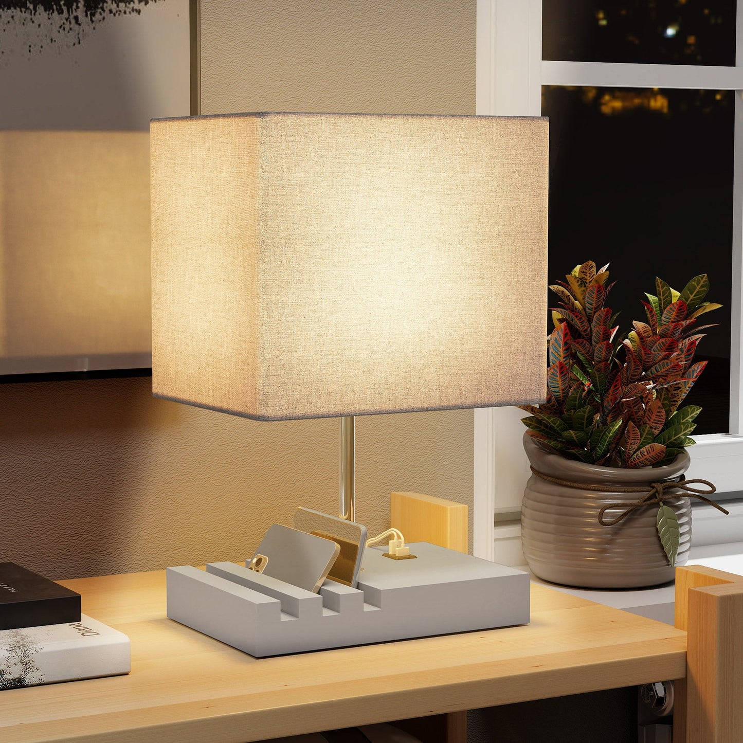 HOMCOM Bedside Lamp with USB A+C Charging Ports and 3 Phone Stands, Modern Table Lamp with Solid Wood Base and Fabric Shade for Bedroom Living Room Office, E27 Socket, Bulb Not Included, Grey