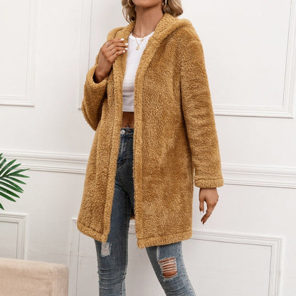Lamb Wool Mid-length Cardigan Hooded Trench Coat