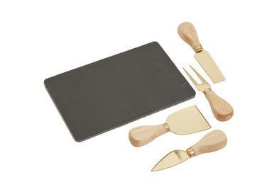 Carter Slate Board And 4 Piece Cheese Knife Set In Gold Finish