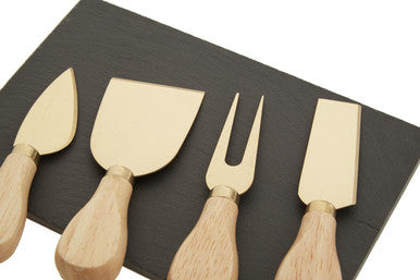 Carter Slate Board And 4 Piece Cheese Knife Set In Gold Finish