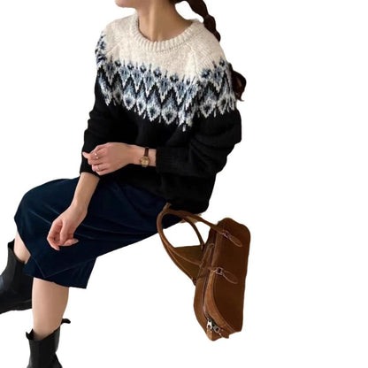 Women's Round Neck Loose Jacquard Sweater Retro Lazy