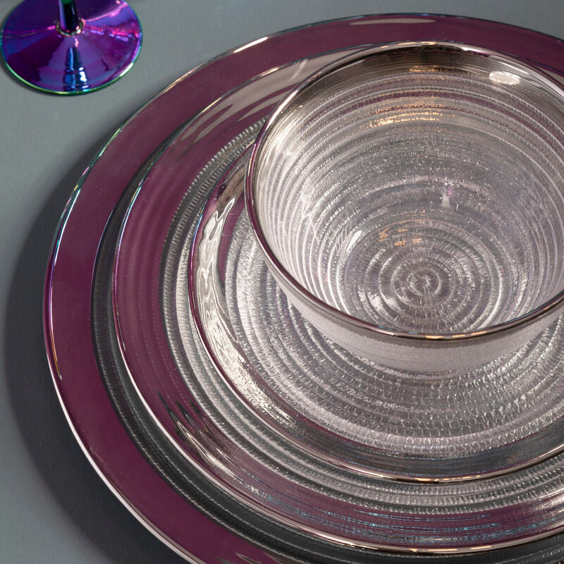 Ida Embossed Glass Coupe Charger Plate with Silver Rim