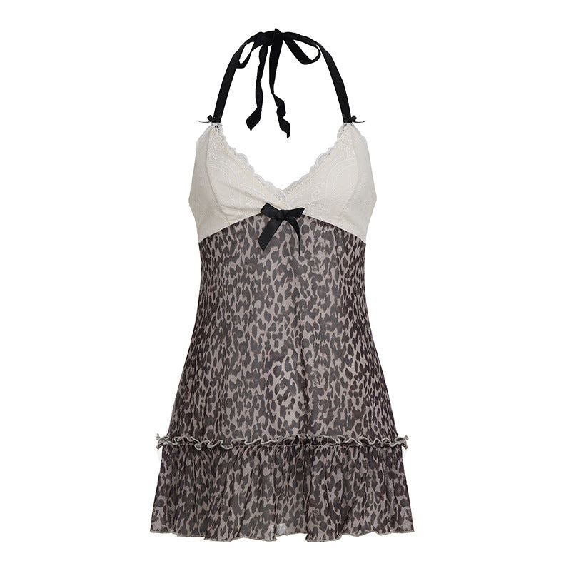 Sweet Leopard-Print Lace-Patchwork Demure A-Line Camisole