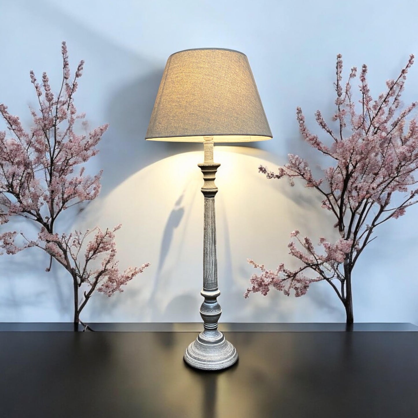 AcaciaHome Stylish & Elegant Tall Wooden Grey Washed 60 cm Table Lamp with Taupe Linen Shade – Energy-Efficient E27 Bulb with Shabby Chic Lighting for Bedroom, Living Room & Office