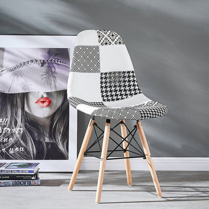 Black/White Patchwork Modern Dining Chair with Wooden Legs & Black Metal Wire Frame