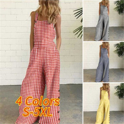 Checked Side Pocket Wide-Leg Trousers Casual Jumpsuit