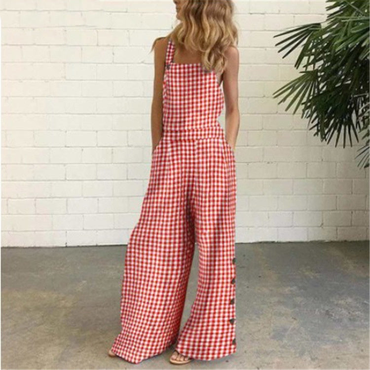 Checked Side Pocket Wide-Leg Trousers Casual Jumpsuit