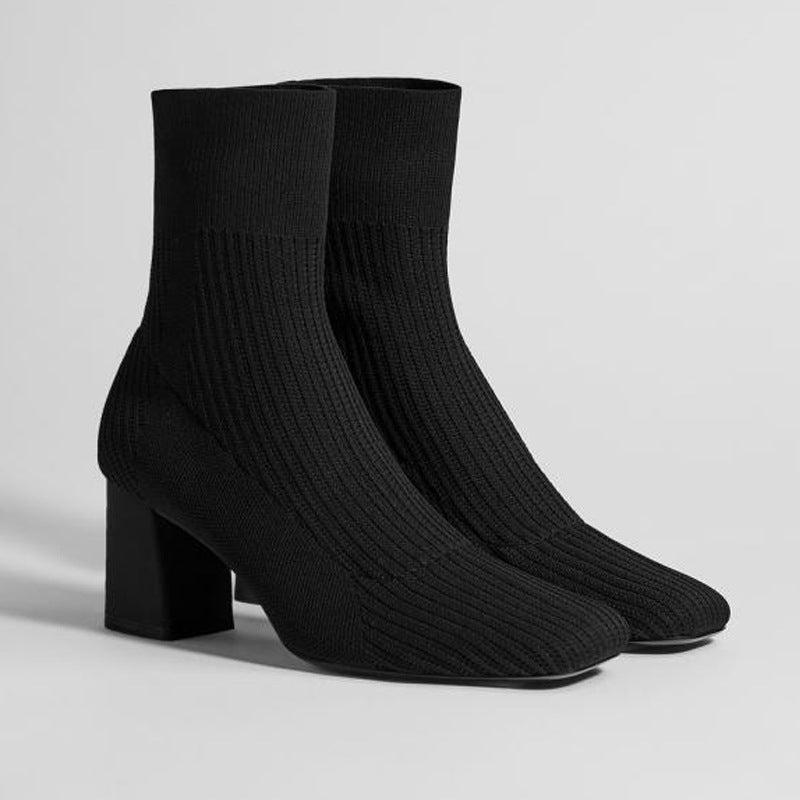 Square Toe All-Match High-Heel Knitted Stretch Sock Boots