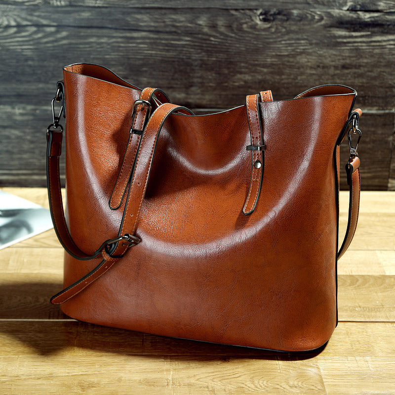 Simple Oil Wax Leather Messenger Shoulder Bags Women's High Capacity Portable Tote Bag