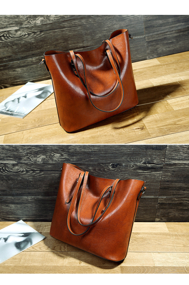 Simple Oil Wax Leather Messenger Shoulder Bags Women's High Capacity Portable Tote Bag