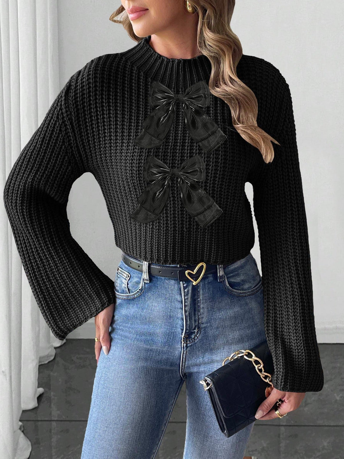 Ladies Bow Patchwork Flared Sleeves Mock Neck Sweater