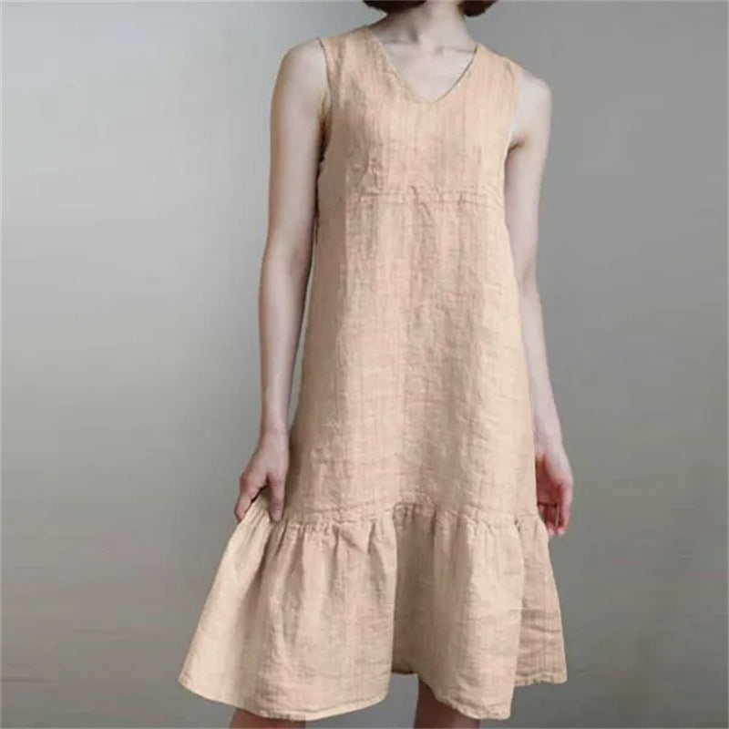 Loose-fit V-neck Solid-color Pleated Strap Sundress In Cotton And Linen