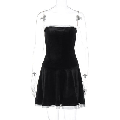 Dress Suede Patchwork Ruffled Chest-wrapped Pleated Princess Dress For Women