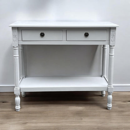 Modern and Stylish 2 Drawer Rectangular Console Table - Medium Wood Tone Finish for Sleek Hallway Side Table with Knob Handle Drawers for Home, Office, Bedrooms, or Living Spaces (Moonstruck Grey)