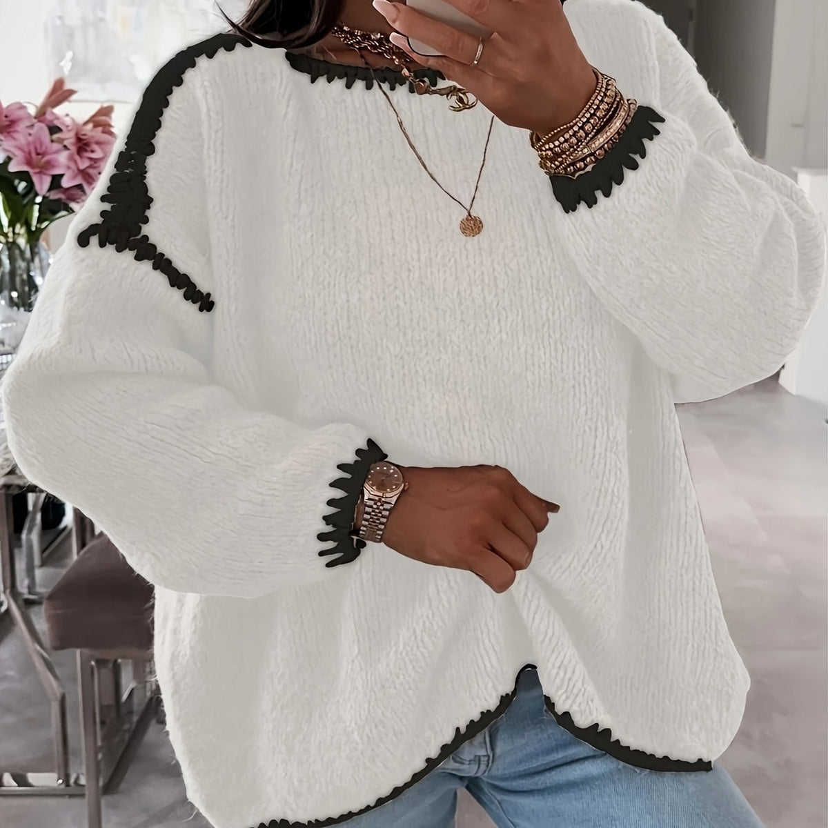 Female Loose And Casual Off-the-shoulder Solid-color Sweater