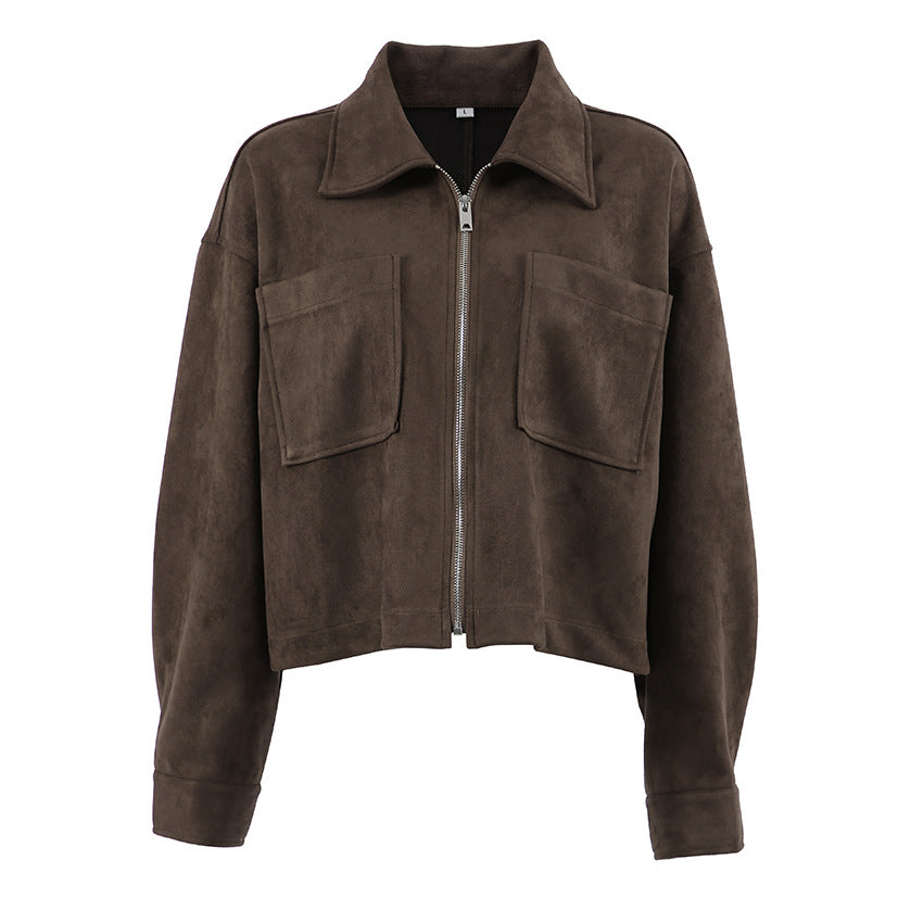 Brown Fashion Long Sleeve Suede Jacket
