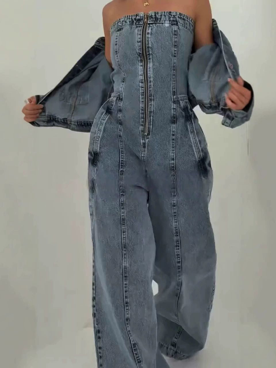 Denim Bandeau Zipper Jumpsuit & Jacket Set