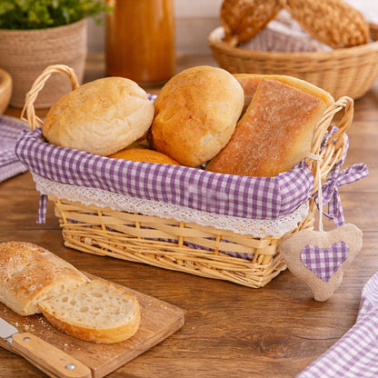 Orla Purple Gingham Lining Small Rectangular Willow Bread Basket